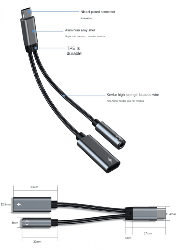 USB-C to 3.5mm Audio & Charging Cable 2-in-1