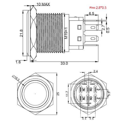 LED Tlačítkový Spínač 220V s RGB LED, 3A, 19mm, 8 Kailh Nožiček, Voděodolný IP66