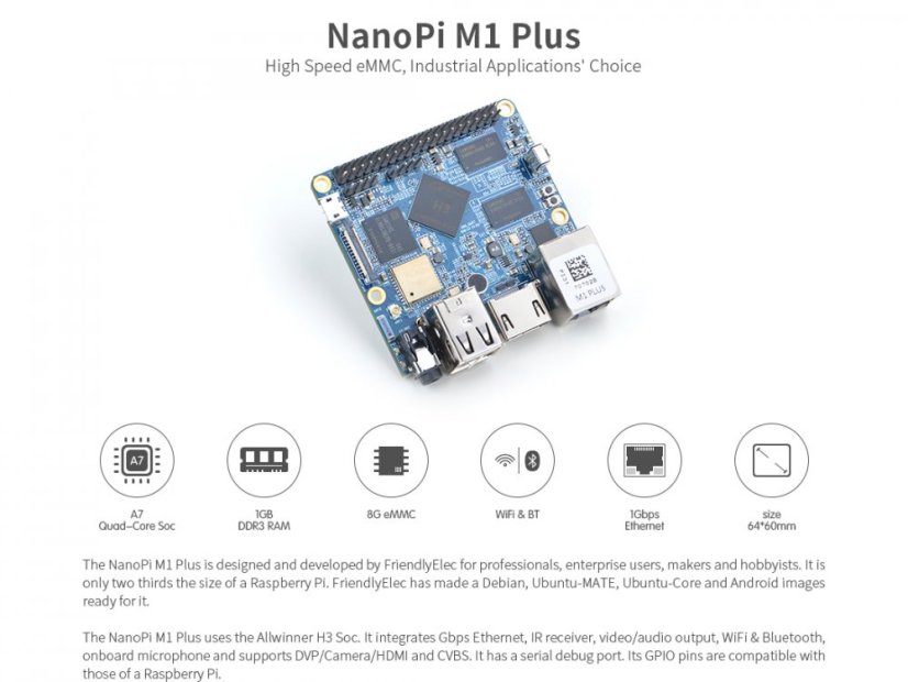 NanoPi M1 Plus - Single Board Computer with Heat Sink