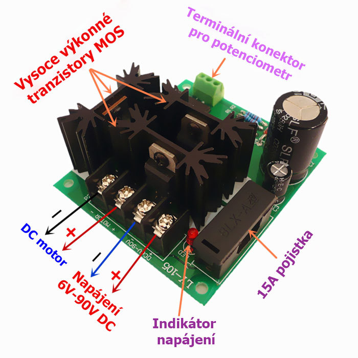 LY-105 PWM regulátor otáček 6-90V 15A pro DC motory