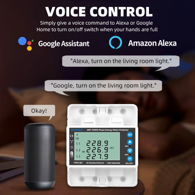 Inteligentní 3fázový WiFi elektroměr Tuya 380V s ochranou