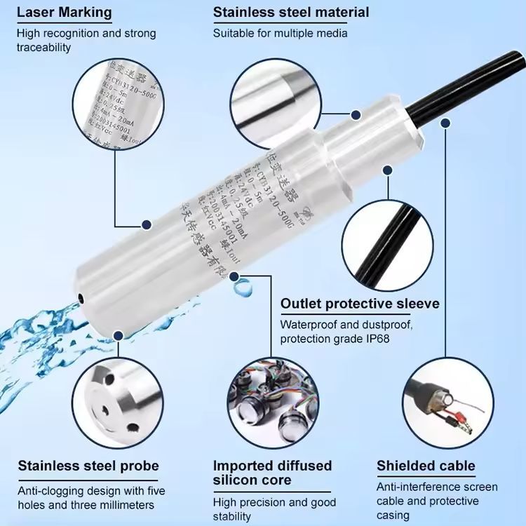 Průmyslová hydrostatická hladinová sonda CYB3120 4-20mA - Hloubka měření, kabel: 0-3m, 10m