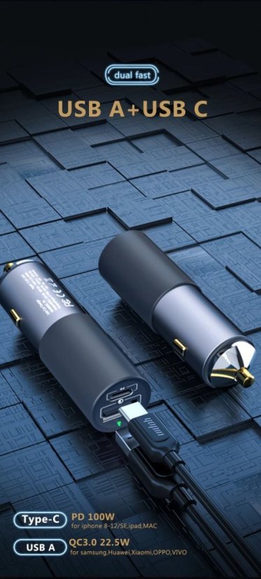 GC19 QP 100W auto nabíječka s USB-C PD a USB-A QC3.0