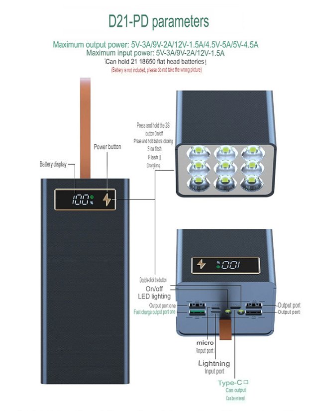 D21-PD Powerbanka pro 21× 18650 baterií s 9 LED (bez baterií)