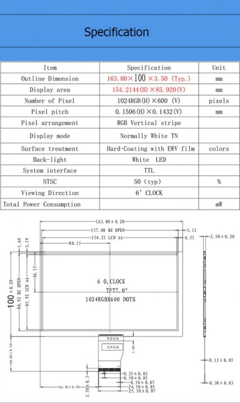 7" TFT IPS Displej 1024x600 RGB 50pin