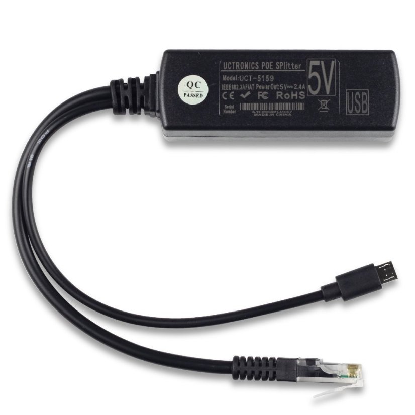 Micro USB PoE Splitter 48V to 5V 2.4A for Raspberry Pi and Tablets