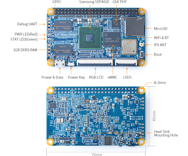 NanoPi Core4418 Vývojová Deska S5P4418 - 1GB RAM, 8GB eMMC