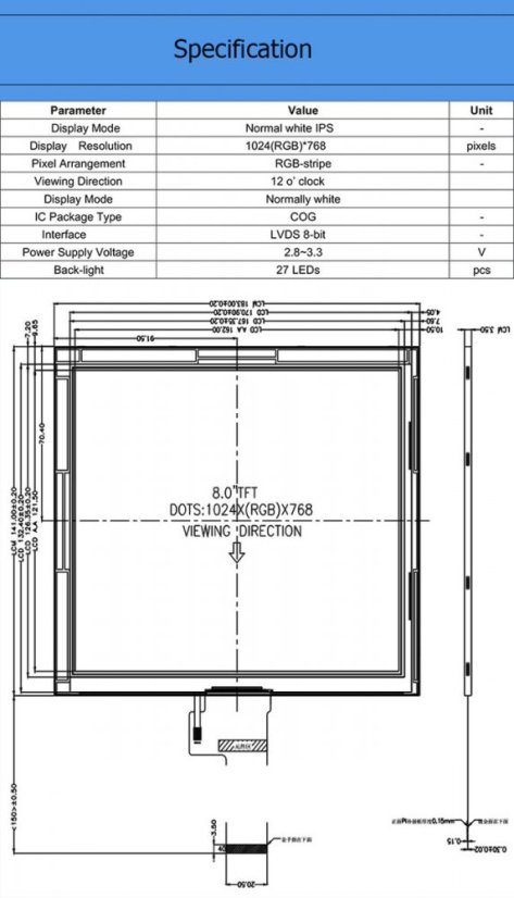 8" TFT displej 1024x768 LVDS 40pin