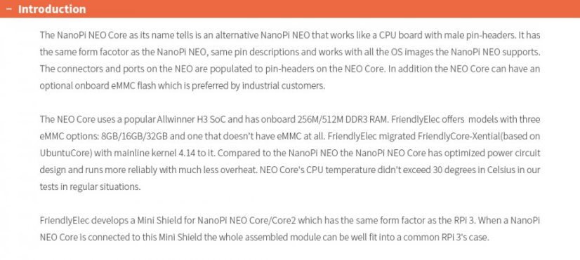 NanoPi NEO Core CPU Deska LTS