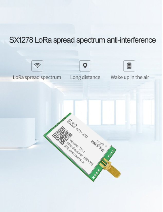 E32 LoRa DIP bezdrátový UART modul - UART modul - Pracovní frekvence: 433MHz, UART modul - Max výkon: 33dB