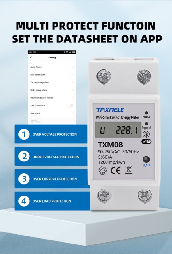 TXM08 Tuya 60A Chytrý měřič energie s časovačem na DIN lištu