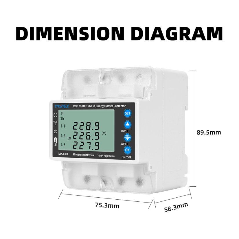 Inteligentní 3fázový WiFi elektroměr Tuya 380V s ochranou