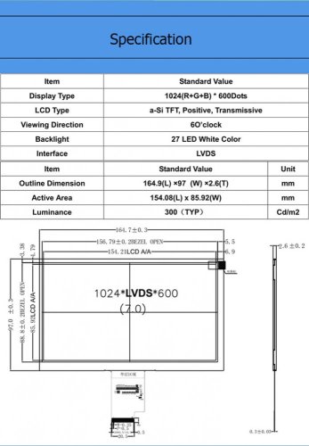 7palcový TFT displej, 1024x600, IPS, LVDS, 40pin