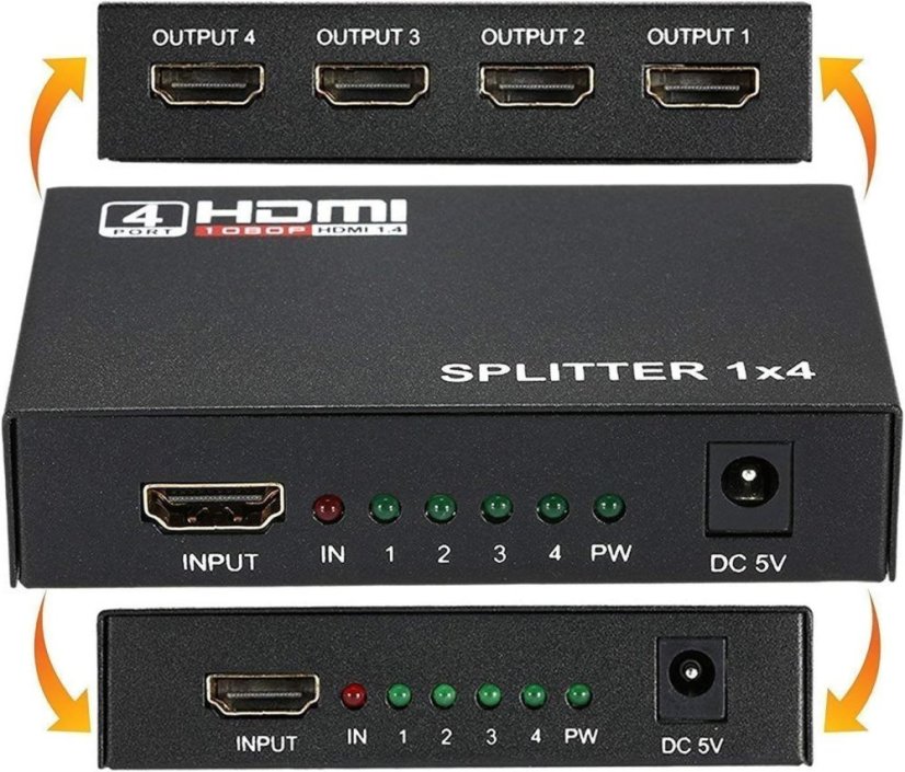 Kovový HDMI splitter 1-4 porty bez napájecího adaptéru