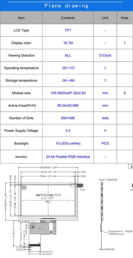 4.3" TFT IPS Displej 800x480 40pin - Svítivost: 500 nits