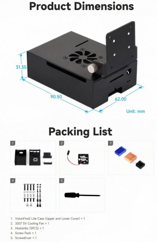 Kovový kryt pro desku VisionFive 2 Lite s ventilátorem chlazení