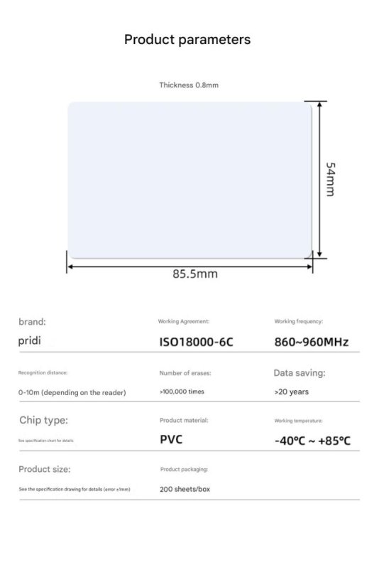 UHF RFID 915MHz ISO 18000-6C bezpečnostní karta
