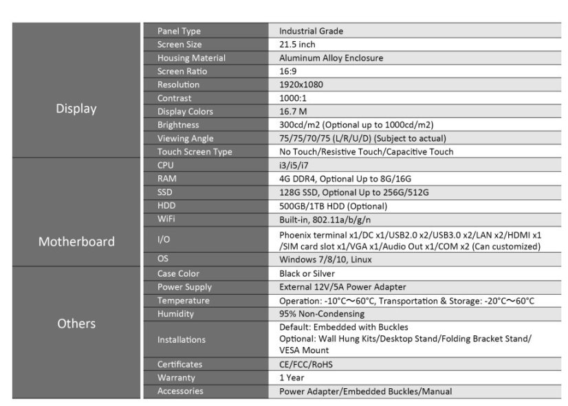 NWP2152 Industrial Tablet 21.5 inches with i3-6100U