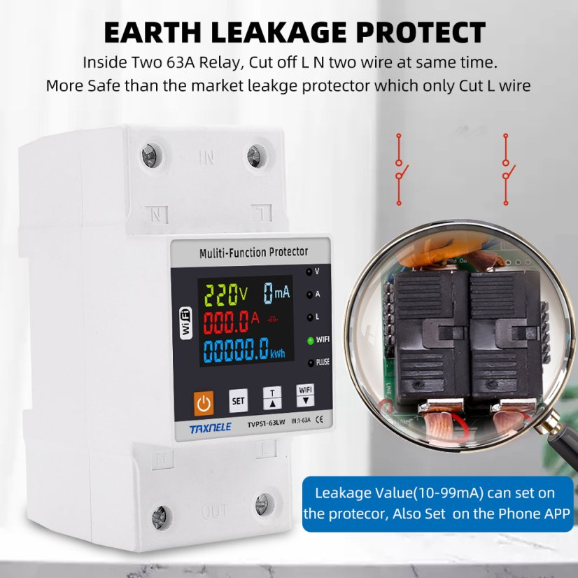 TVPS1-63LW Tuya WiFi Intelligent Surge and Under-Voltage Protection 63A