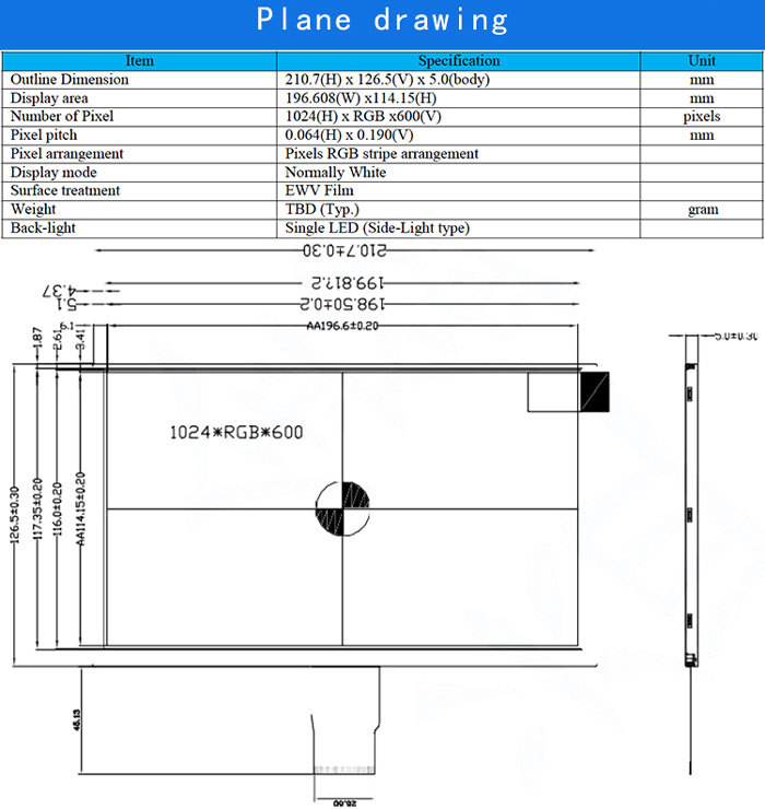 9" TFT Display 1024x600 RGB with 50pin Connector