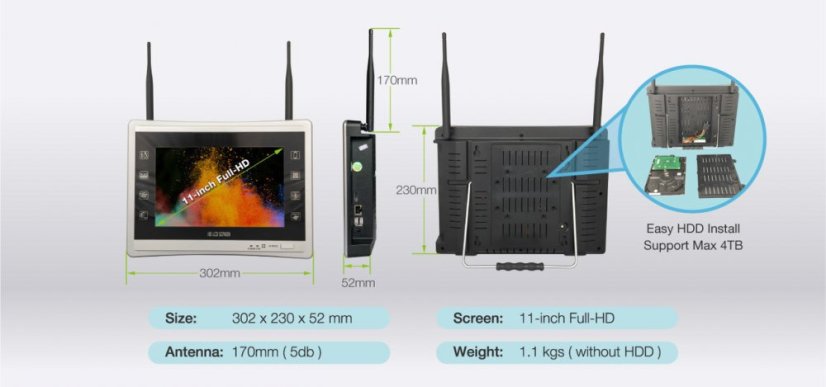 RGB-WBK820-D1/JWT 8CH IP 11" LCD Bezdrátový Kamerový Systém - NVR Wifi Kit s 8x 1080p IP Kamerami