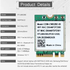 RTL8852BE M.2 NGFF WiFi6 Card
