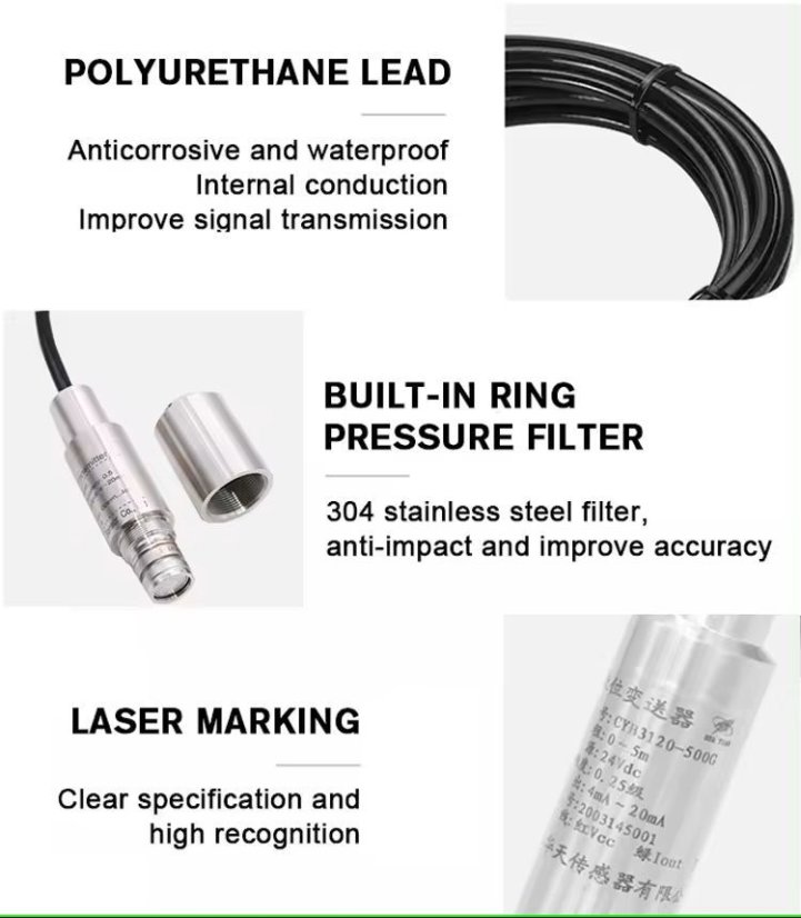Průmyslová hydrostatická hladinová sonda CYB3120 4-20mA - Hloubka měření, kabel: 0-3m, 10m