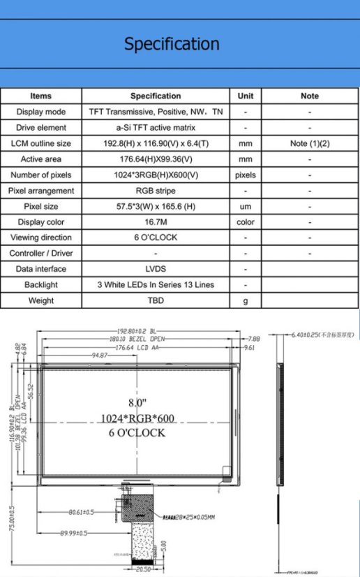8" TFT display, 1024x600, LVDS, 40pin
