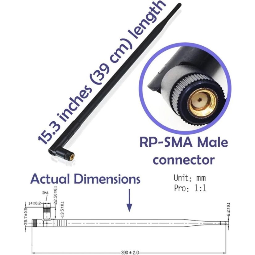 2.4/5GHz, 9dbi, 390mm WiFi anténa - Konektor: RPSMA-M