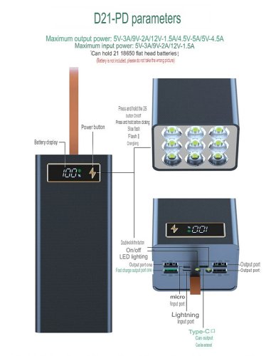 D21-PD Powerbank pro 21x 18650 baterií s 9 LED