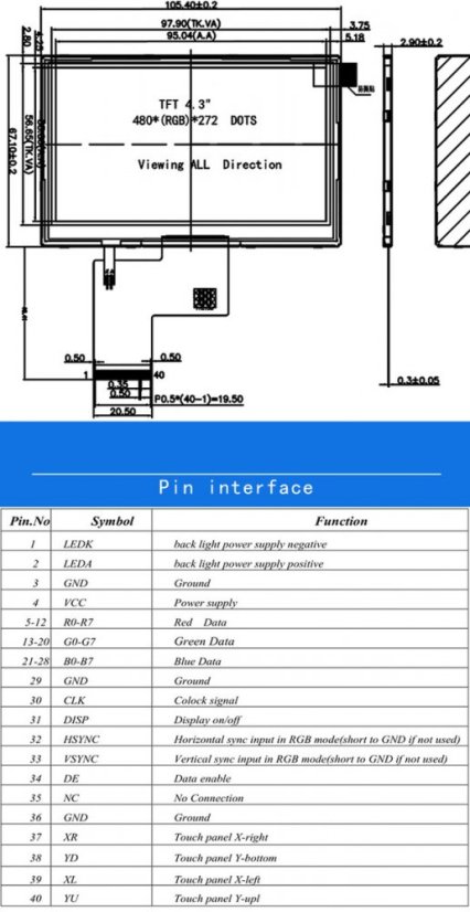 4.3" TFT LCD displej 480x272 CT 40pin