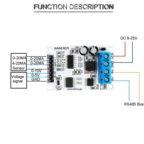 N4AIA04 DC 12V 4-20mA 0-5V 0-10V Modul pro Akvizici Napěťových Signálů RS485 Modbus RTU