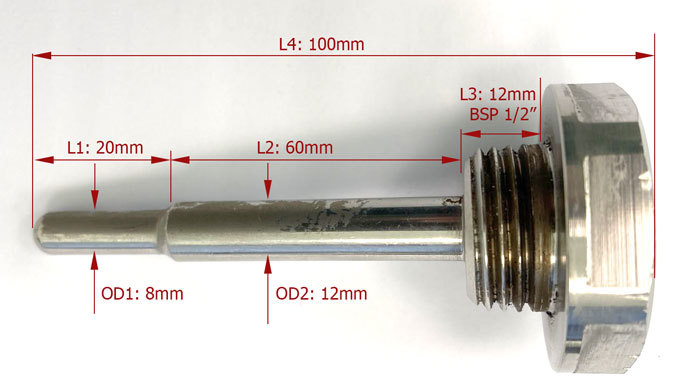 Teplotní sonda DS18B20 s kabelem 1.5m a BSP 1/2" závitem