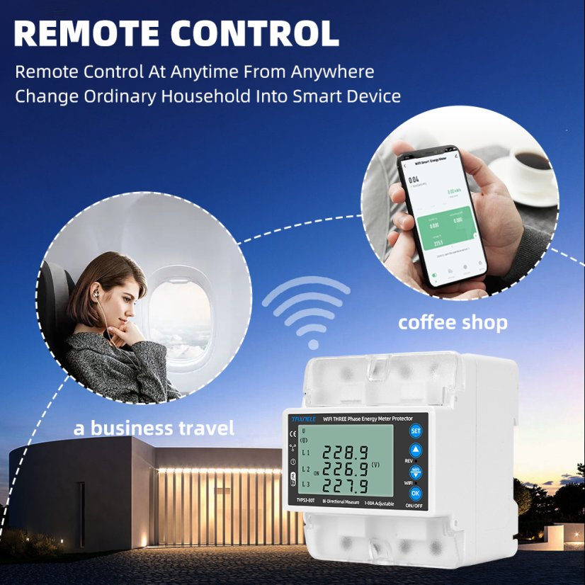 Inteligentní 3fázový WiFi elektroměr Tuya 380V s ochranou