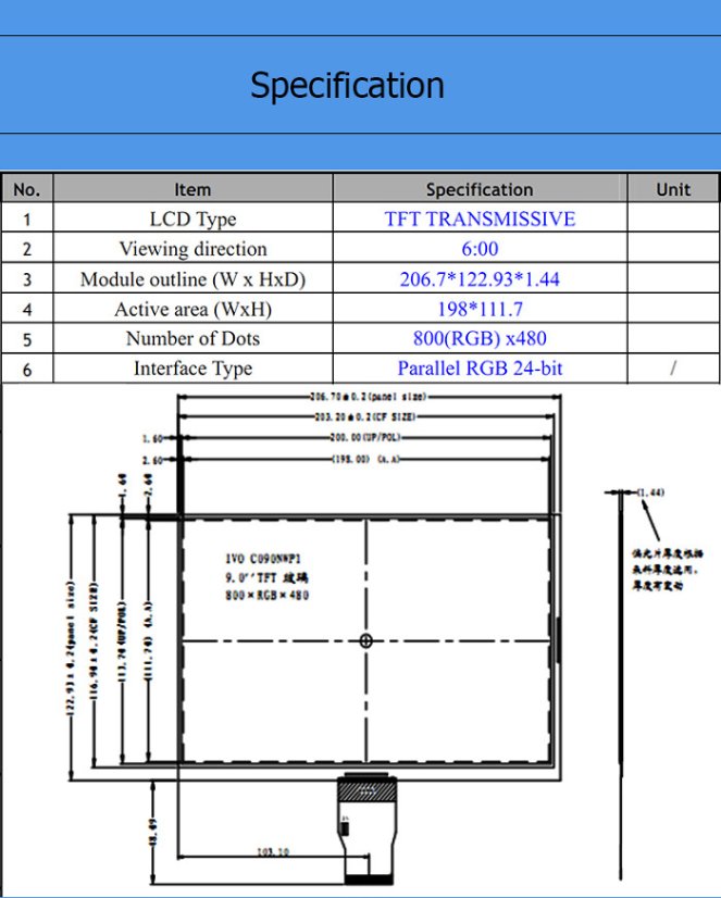 9" TFT displej 800x480 RGB s 50pin konektorem