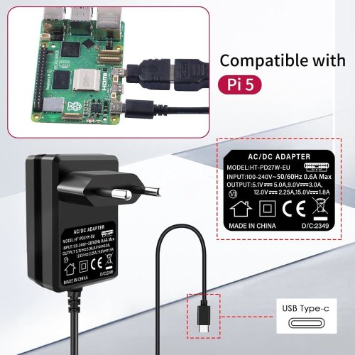 USB-C napájecí adaptér 27W pre Raspberry Pi 5