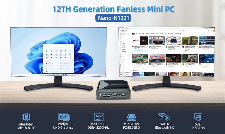 N1321 N100 Průmyslové Mini PC Barebone bez ventilátoru