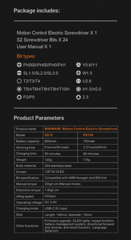Inteligentní elektrický šroubovák MINIWARE ES15s s řízením pohybu