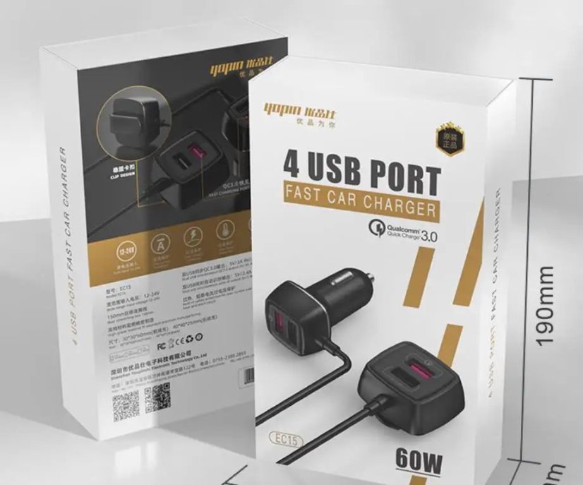 EC15 60W automobilová nabíječka s QC3.0 a 4x USB-A