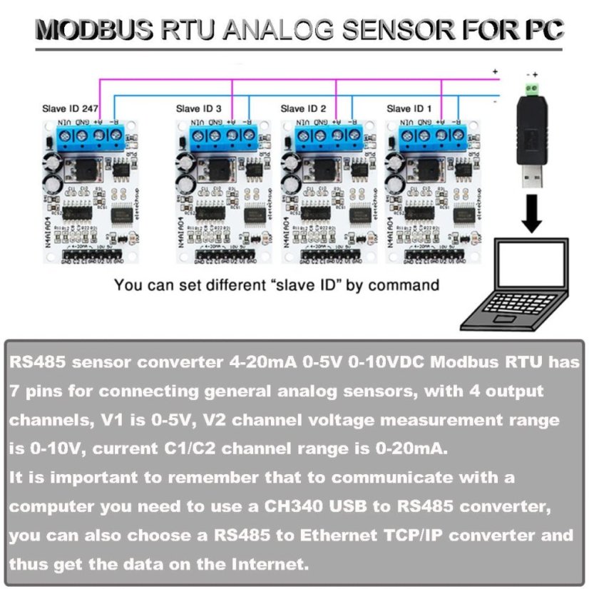 N4AIA04 DC 12V 4-20mA 0-5V 0-10V Module for Voltage Signal Acquisition RS485 Modbus RTU