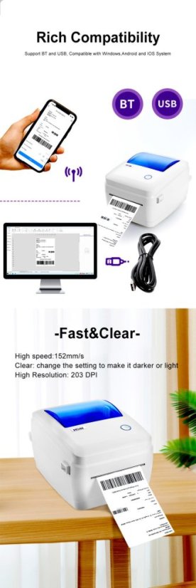 Compact USB+BT Label Printer HQ480B 110mm