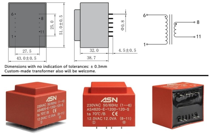 Block Transformátor ASN AS4820-E-1200-120-S 12VA 230V