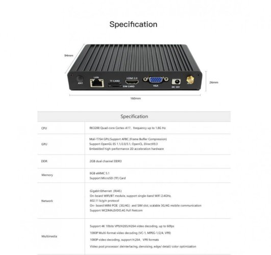 Průmyslový Android ARM počítač EC-A3288C 2G/8G