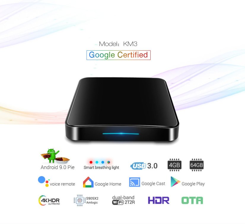 MECOOL KM3 ATV s Android TV 9 Pie - Google Certifikované, S905X2, 4GB RAM, 64GB