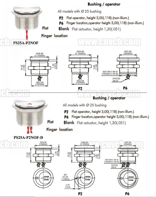 Piezo tlačítko 24V, IP68 PS22B-PNOF-EG24V/S, 22 mm - Bezúdržbový spínač