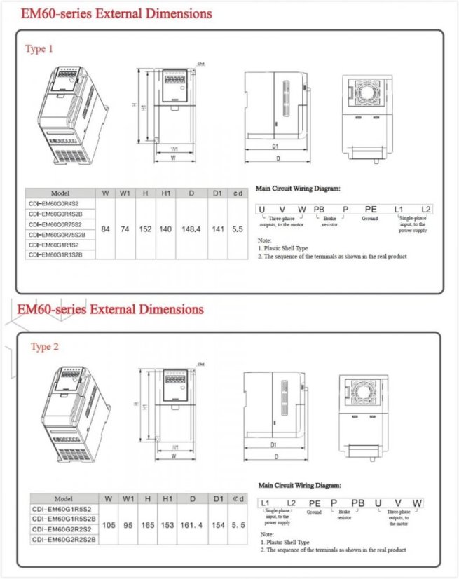 Frekvenční měnič EM60-T4, 3F, 380V - Kompaktní, Výkonný a Efektivní - Model - Frekvenční měnič: EM60G3R7T4B