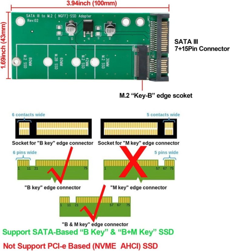 Adaptér SATA 3 na M.2 (NGFF) SSD 7+5pin, Karta B Key