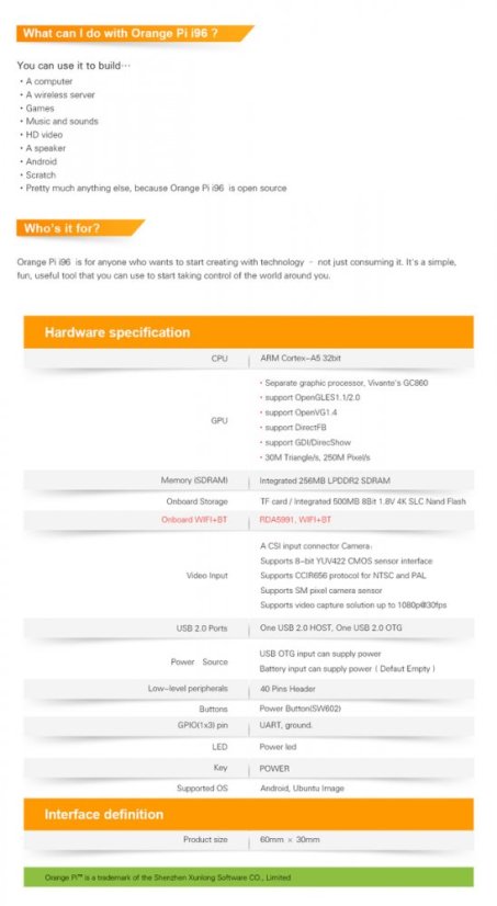 Orange Pi i96 IoT RDA Micro 8810PL