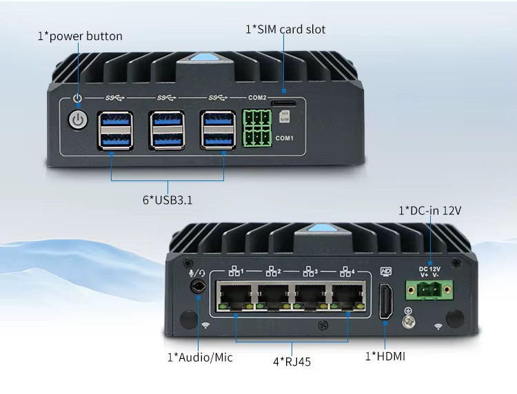 N312F Bezventilátorový mini firewall PC, 4×Gigabit LAN, HDMI/DP, USB 3.0