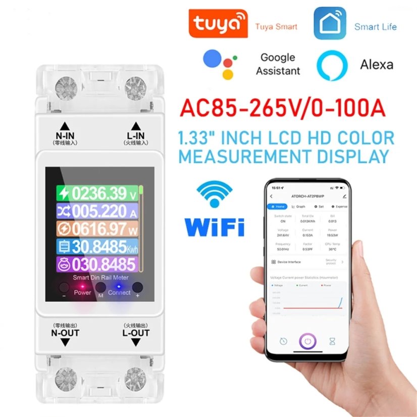AT2P Tuya WIFI Chytrý Vypínač a Měřič Energie AC 220V 100A